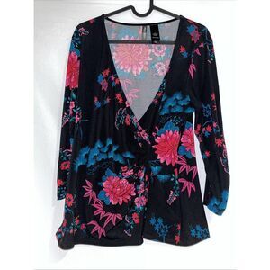 Bisou Bisou Black & Pink Floral 3/4 Sleeve V-neck Ruched Wrap Top Y2k Asian Sz L